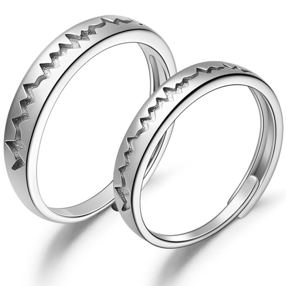 925 sterling silver Stamped Adjustable heartbeat ring Set His & Hers band